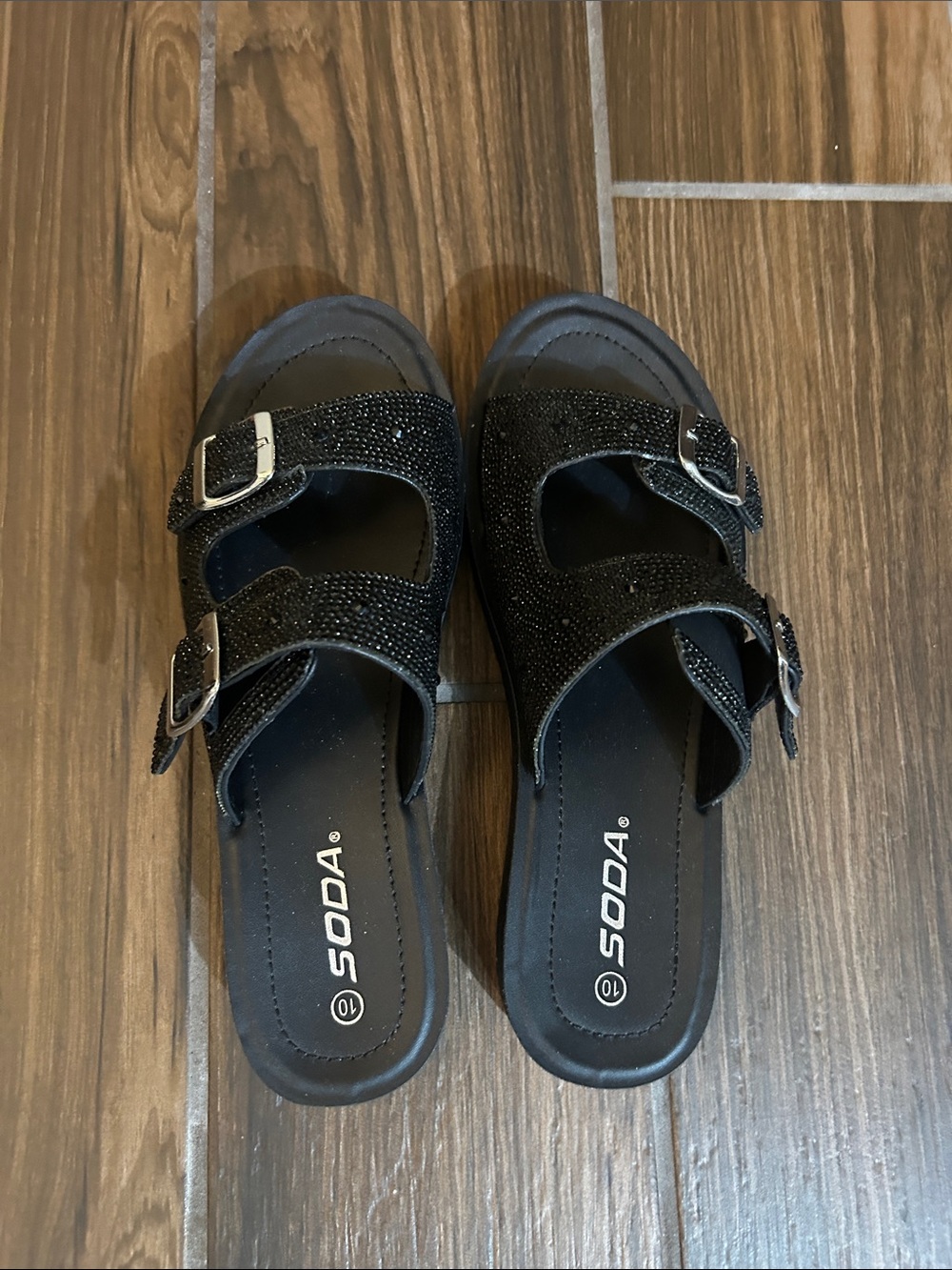 Soda Black Rhinestone Double-Buckle Slide Sandals